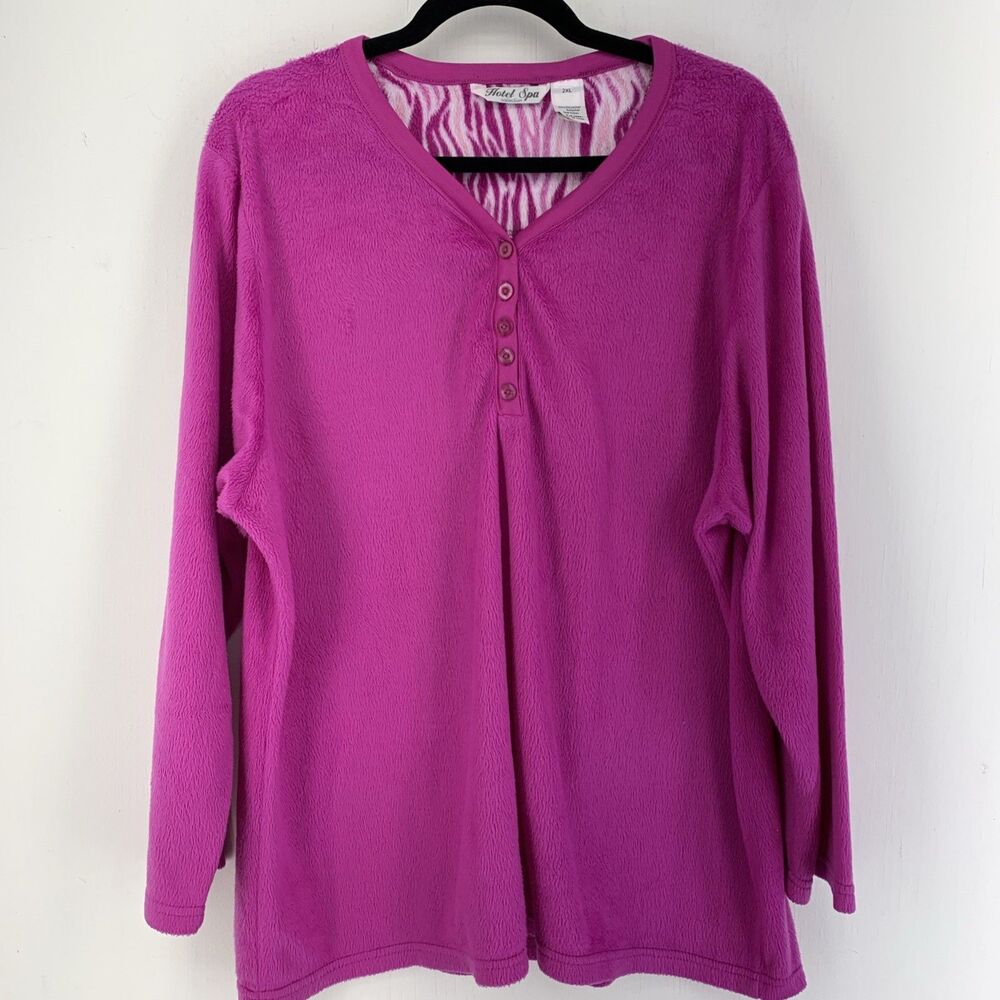 Hotel Spa Collection Womens 2X Henley Tunic Top Pink Fuzzy Warm Lounge Stretch